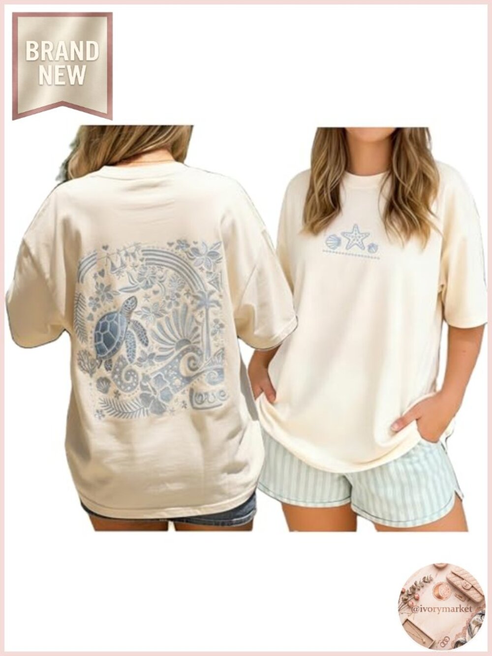 Women Teens Cute Oversized Graphic Tee Summer Y2k Seashell Ocean Baggy Short